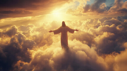 Obraz premium Jesus Christ standing in the clouds, radiating divine light and hope in a breathtaking moment of faith and beauty
