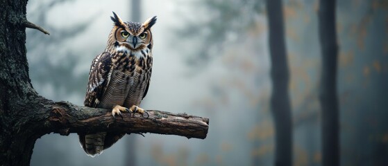 Majestic Owl Perched on a Branch in a Misty Forest - Enigmatic Wildlife Photography for Nature Lovers and Bird Enthusiasts