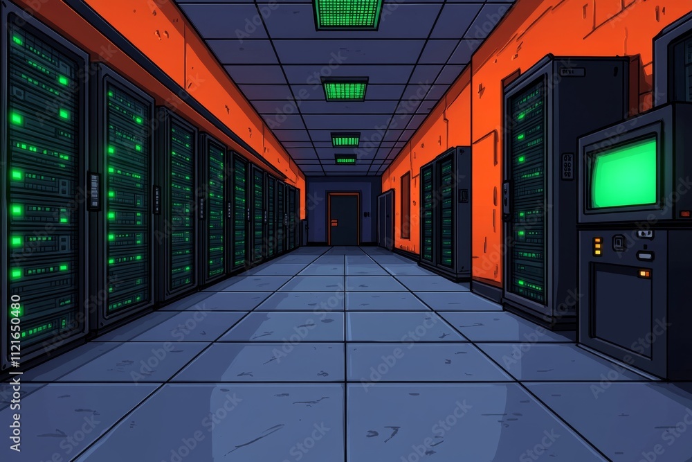 Poster A pixel art database room with animated blinking servers and glowing green lights, rendered in retro 8-bit style
