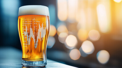 A pint of beer sits on a table, illuminated by warm light, with a graph design etched on the glass.