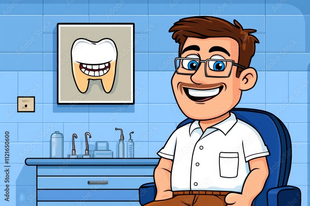 Poster A pixel art dentist treating a smiling patient, with tiny animated tools and a glowing white tooth displayed in retro 8-bit style