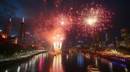 Naklejka premium Melbourne Fireworks River Cityscape