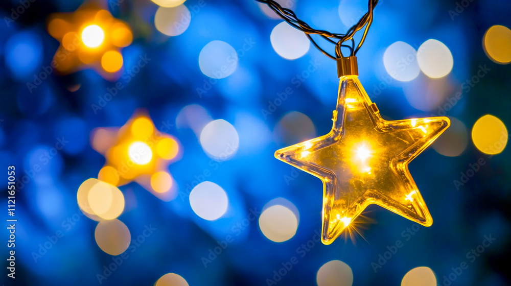 Poster abstract defocused bokeh background with christmas star string lights glowing against a deep blue ni