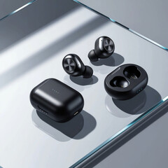 A sleek pair of black wireless earbuds with a metallic finish, surrounded by a subtle gradient of shadows, lying horizontally on a transparent background, accompanied by a compact, cylindrical chargin