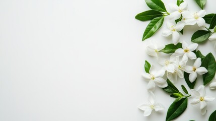 Fototapeta premium White flowers and green leaves arranged on a white background, leaving copy space.