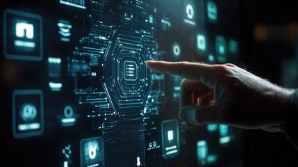 Human fingers touch the screen of AI