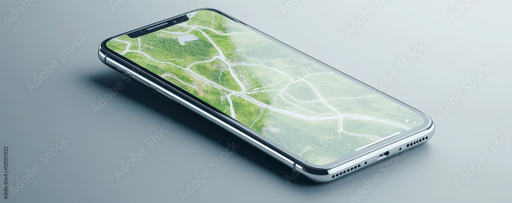 Poster a sleek smartphone displaying a digital map with detailed routes on its screen, placed on a smooth g