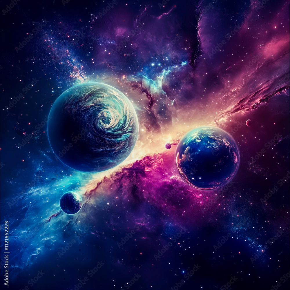 Poster abstract planets set against a cosmic space background with celestial elements