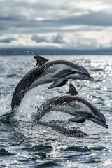 Obraz premium Playful Dolphins Jumping Above Ocean Waves Against Dramatic Cloudy Sky â€“ Stunning Marine Life Photography for Nature and Wildlife Projects