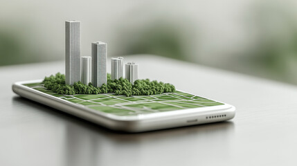 A smartphone displays a miniature cityscape with tall buildings and greenery, symbolizing urban planning or digital technology integration with nature.
