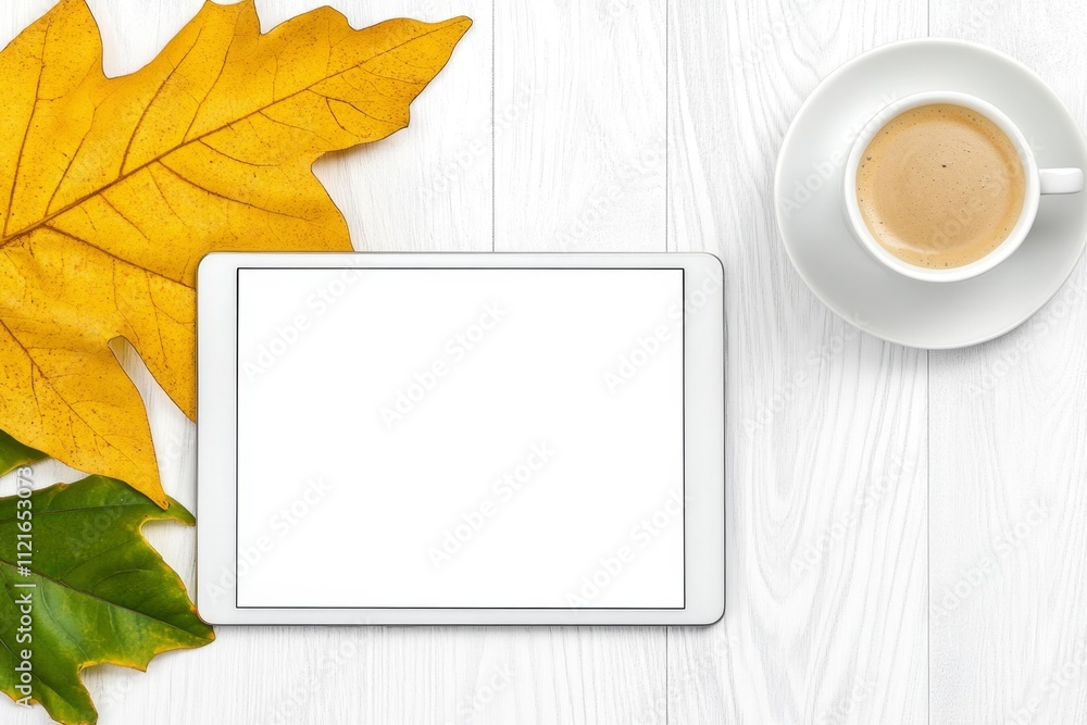 Poster A serene shot of a graphic design desk with an open sketchbook, a tablet, and a cup of coffee beside it