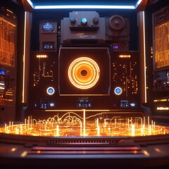 dj mixer in a futuristic nightclub