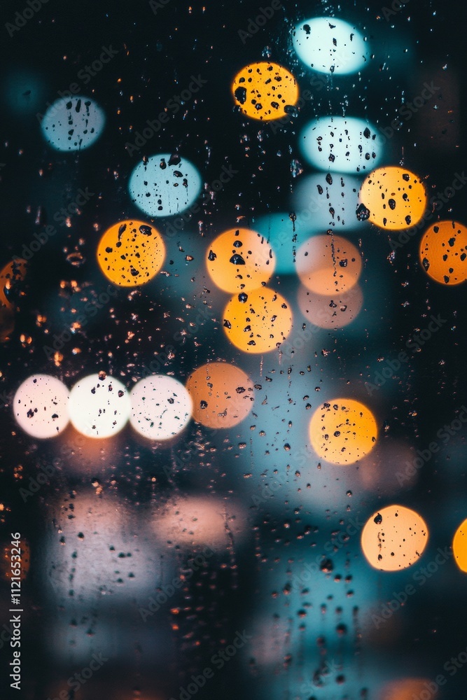Aufkleber raindrops on glass with colorful bokeh lights: urban evening vibes and moody atmosphere for creative