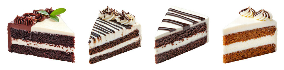 Assorted chocolate and vanilla cake slices on a black background
