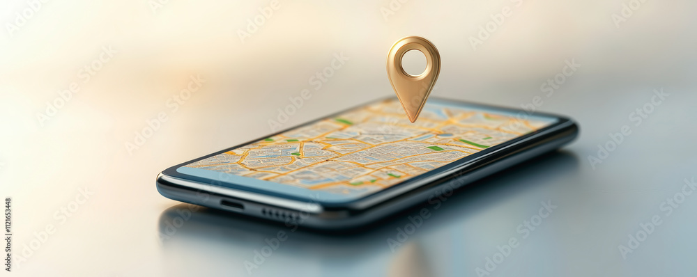 Poster a smartphone displaying a digital map, highlighted by a 3d location pin, symbolizes navigation and l