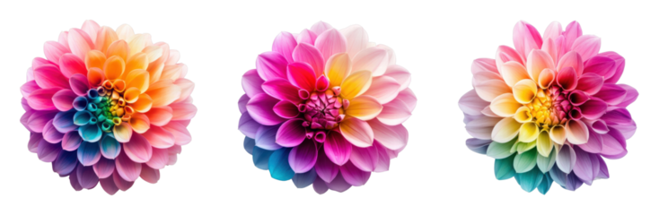 Vibrant rainbow dahlia flowers on a black background