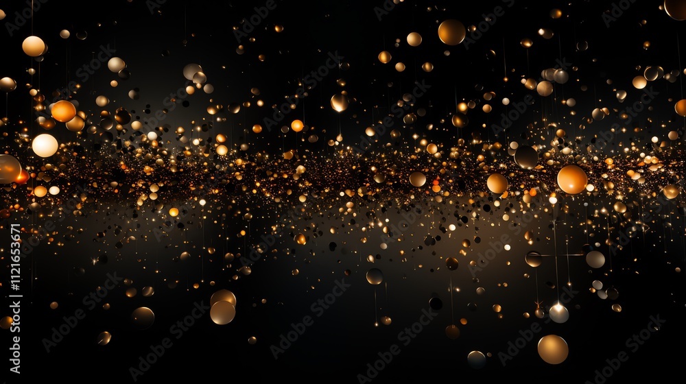 Poster abstract background with golden and bronze spheres floating in dark space.