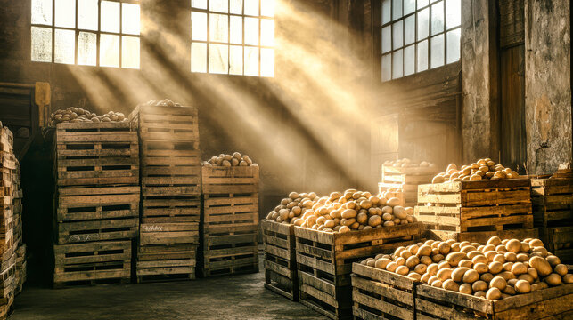 Rustic warehouse filled with wooden crates of potatoes illuminated by warm sunbeams filtering through large windows