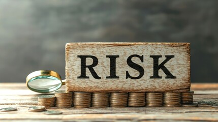 Risk Management and Financial Investment: Wooden Block with the word 'RISK' atop a stack of coins, symbolizing financial risk assessment and investment decisions.
