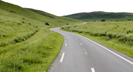 A Serene Winding Road through Lush Green Hills isolated on Transparent and White Background
