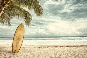 Serene Beach Scene with Surfboard, Palm Tree, and Gentle Waves Under Cloudy Sky â€“ Perfect for Vacation and Surfing Themes