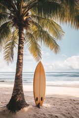 Serene Beach Scene with Palm Tree and Surfboard â€“ Perfect Summer Vibes, Tropical Paradise, Ocean Waves, Relaxation and Adventure Awaits