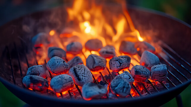 A barbecue grill pit glows with flaming hot charcoal briquettes in a close-up view.