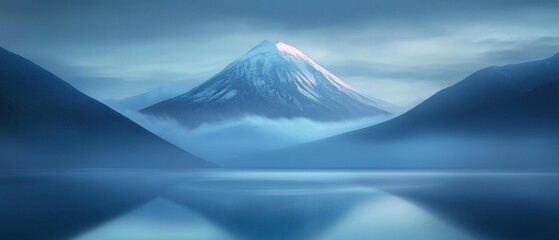 Serene Mountain Landscape at Dawn: Majestic Snow-Capped Peak Reflected in Calm Blue Lake Under a Misty Sky - Perfect for Nature and Travel Themes