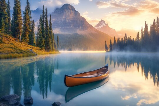 Serene Mountain Lake at Sunrise with Canoe: Tranquil Nature Landscape with Reflection and Mist in Canadaâ€™s Rocky Mountains