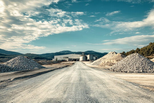 Industrial landscape showcasing sand and gravel production with factory and large stone piles under a blue sky in the background