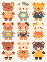 Fototapeta premium Pastel Flat Style Cartoon Animal Doll Stickers: Simple and Cute Designs
