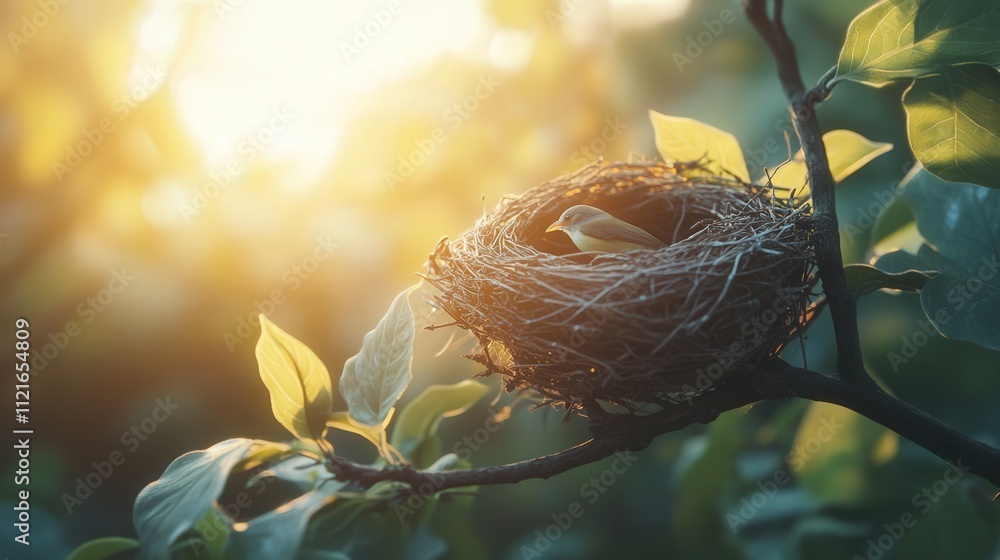 Poster a birdas nest resting on a sturdy branch, surrounded by leaves. the soft light of sunrise gently ill