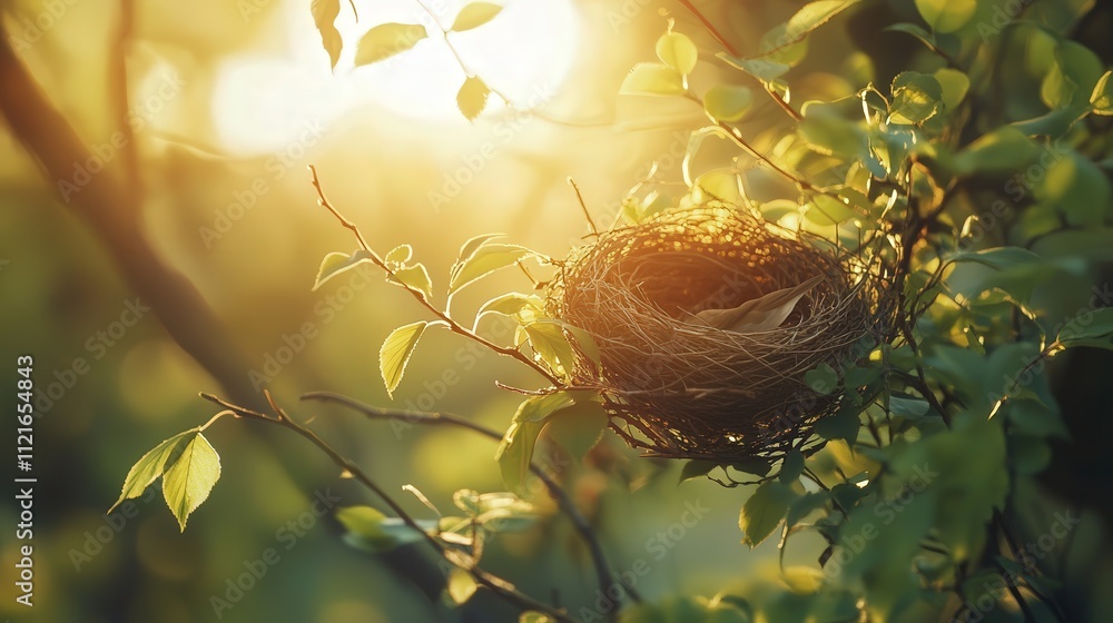 Poster a birdas nest resting on a sturdy branch, surrounded by leaves. the soft light of sunrise gently ill