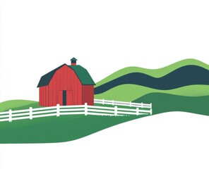 Idyllic Farm Scene Red Barn Green Hills White Fence Illustration