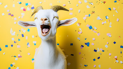 Cheerful white goat celebrating with confetti
