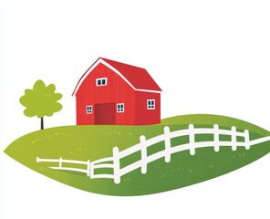 Idyllic Farm Scene Red Barn Green Hill White Fence Simple Illustration