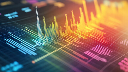 A vibrant, multicolored digital graph with various data points and charts, visually representing complex data trends and analytics in an abstract futuristic style.