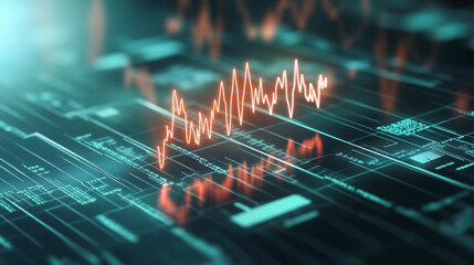 A digital interface displaying fluctuating graphs and data charts, representing financial analysis and technological advancements in a futuristic setting.