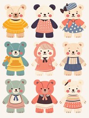 Pastel Flat Style Cartoon Animal Doll Stickers: Simple and Cute Designs