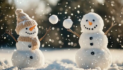 Playful Snowmen Snowball Fight Winter Wonderland Scene