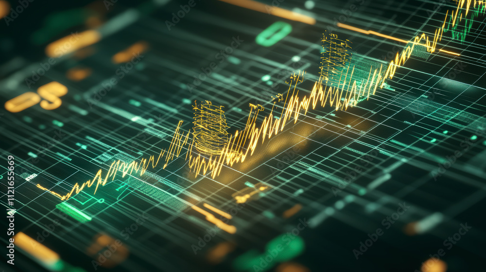 Poster abstract financial chart with luminous graphs and data elements, depicting market trends and digital