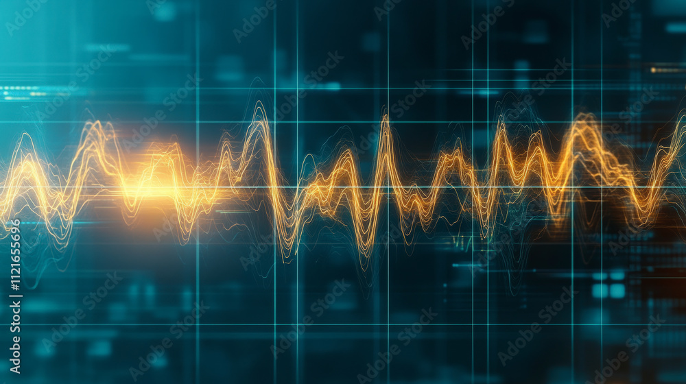Poster a vibrant digital waveform graphically represents sound waves or data signals, against a modern, abs