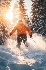 Skiing in Snowy Wonderland: Thrilling Winter Adventure with Snow-covered Trees and Sunlit Scenery