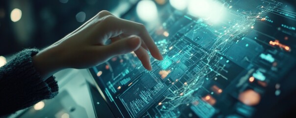 Hand interacting with futuristic digital interface displaying complex data visualization
