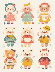 Fototapeta premium Pastel Flat Style Cartoon Animal Doll Stickers: Simple and Cute Designs