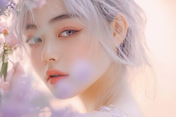 Fototapeta premium Soft Ethereal Portrait of Young Woman with Light Hair Amidst Blooming Flowers â€“ Dreamy Aesthetic Beauty in Pastel Colors