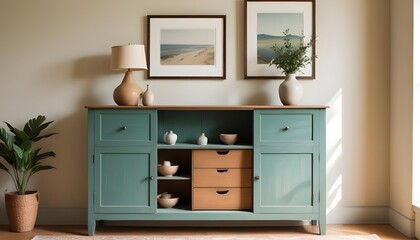 Wood sideboard in green living room with copy space