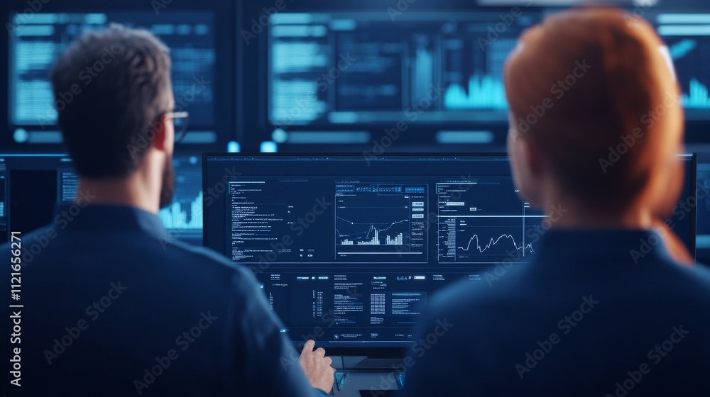 Poster research team using digital data displays in office