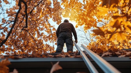 Worker cleaning roof gutters while standing on a ladder, showing seasonal home maintenance