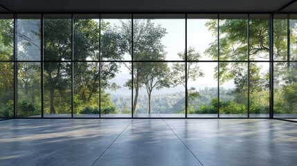 Naklejka premium Serene Minimalist Room with Panoramic Forest View